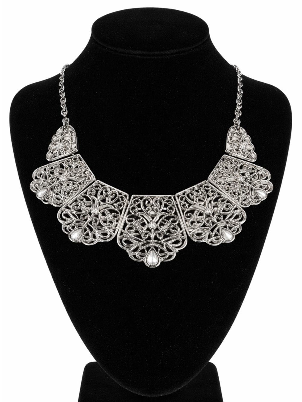 Park Lane “Flora” Bib Statement Necklace ~21” Silver Filigree. Hypoallergenic.